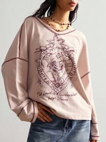 Bohemela 波西米亚美式休闲心形印花针织V领长袖宽松水洗女式卫衣图案T恤女式oversize女式卫衣Free People印花卫衣玫瑰印花T恤秋冬款 - 杏色 - 查看 5