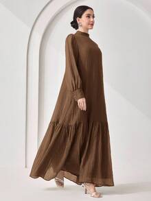 Women's Elegant Solid Color Stand Collar Dress - Coffee Brown - View 2