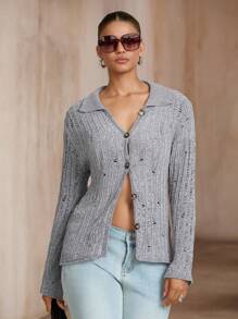 SHEIN Unity 女士纯色做旧纽扣休闲毛衣秋季女士商务休闲女士针织套头衫秋冬 - 灰色 - 查看 1