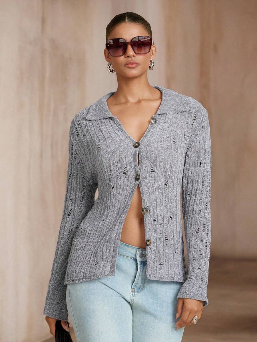 SHEIN Unity 女士纯色做旧纽扣休闲毛衣秋季女士商务休闲女士针织套头衫秋冬 - 灰色 - 查看 1