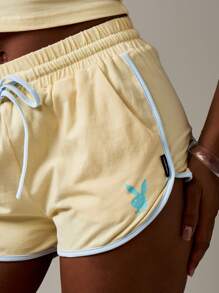 Missguided x Playboy Runner Shorts Drawstring Waistband Mid Rise Lounge Home Cotton Blend Festival Beach Leisure Runner Comfortable Summer Spring - Yellow - View 6