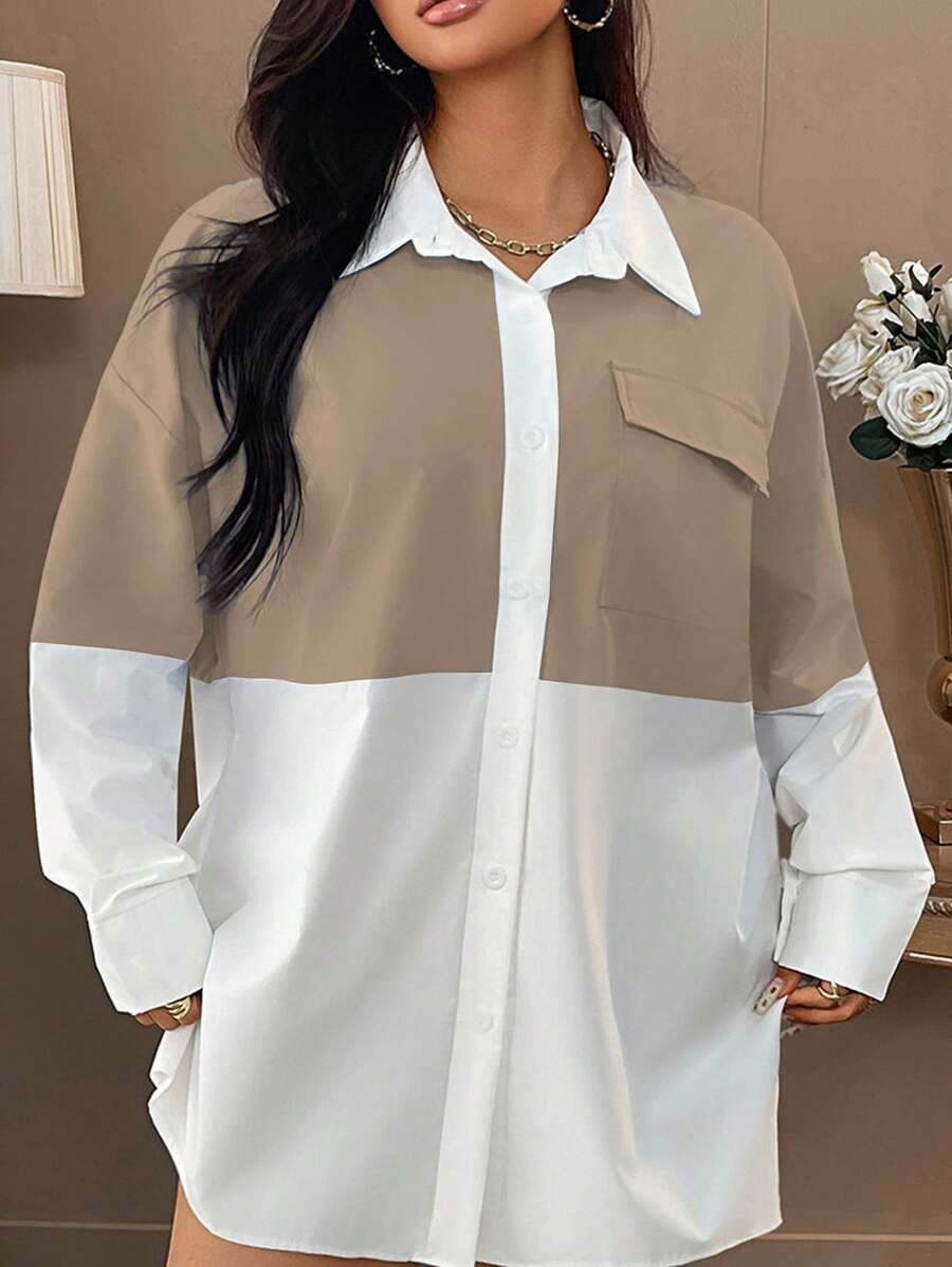 INAWLY Áo sơ mi tay dài hở vai màu khối mùa thu cỡ lớn cho nữ có túi tiện dụng - trắng - Xem 1