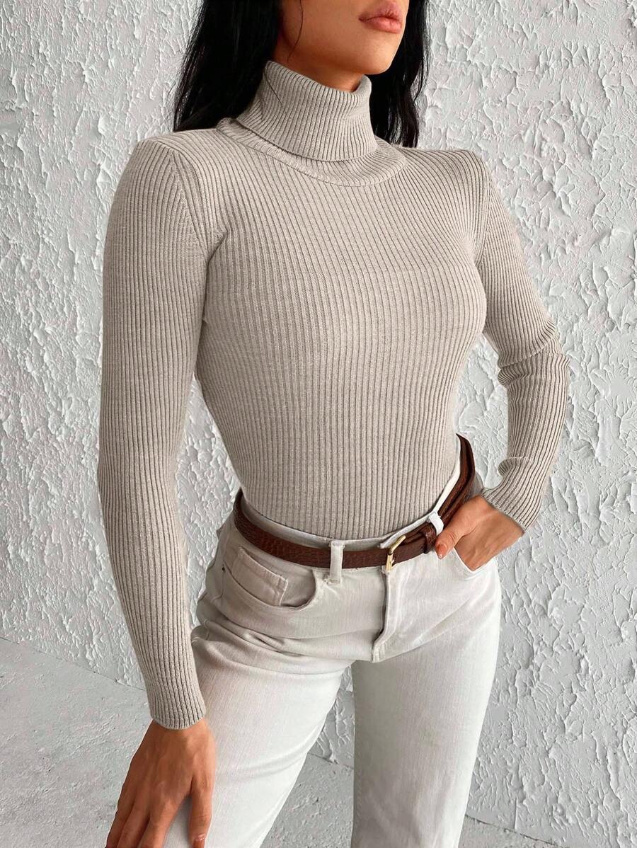 EURMUSE 高領條紋針織套頭毛衣 - 米色 - 查看 1