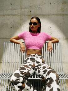 TypaGal 女式复古奶牛印花图案长裤 - 彩色 - 查看 7