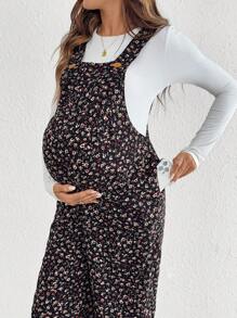 SHEIN Ropa de otoño, ropa de otoño, ropa de otoño para embarazadas, mono informal con diseño de botones con estampado floral y tirantes para mujeres embarazadas, peto de maternidad, monos de maternidad para mujeres, peto de maternidad con estampado floral, ropa de maternidad, ropa de embarazo, mono de maternidad con estampado floral