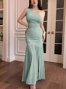 Modelyn 女式针织罗纹网眼荷叶边不对称飘逸休闲夏装 - 綠色 - 查看 8