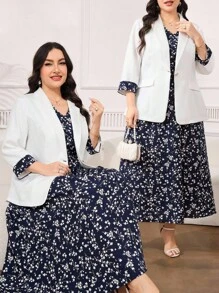 Reflora Plus Size Floral Patchwork Suit Jacket And Dress Set In Fall/Winter - Multicolor - View 1