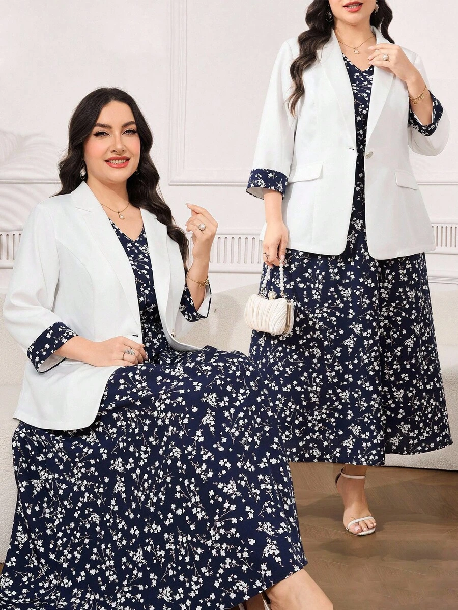 Reflora Plus Size Floral Patchwork Suit Jacket And Dress Set In Fall/Winter - Multicolor - View 1