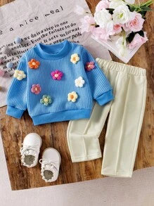 女婴冬季保暖针织花卉圆领毛衣和直筒裤 2 件/套 - 藍色 - 查看 7
