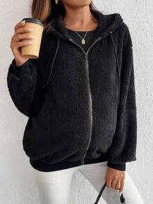 SHEIN Herbstkleidung, Herbstkleidung, Umstandskleidung Herbst/Winter Umstandskleidung Lässige vielseitige einfarbige Kapuzensweatshirts, Herbst/Winter Reißverschluss-Sweatshirts Damen Sweatshirts Schwarze flauschige Jacke Flauschiger Sweatshirt Schwarzer Reißverschluss-Fleece Reißverschluss-Sweatshirt Damen Schwarz - Schwarz - Übersicht 8