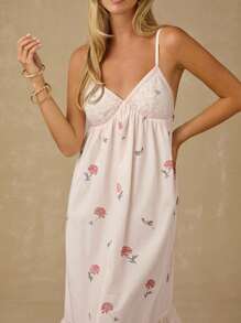 Enchnt Vestido Longo Floral Romântico Feminino para Primavera/Verão em Apricot, com Renda no Busto, Alças Finas, Babados na Barra e Costas Abertas, Doce e Elegante para Férias, Encontros, Feriados, Festas, Formatura, Convidados de Casamento e Praia, Vestido de Formatura, Vestidos de Verão Femininos, Vestidos de Verão, Roupas de Verão, Vestidos Elegantes para Festa - Multicolorido - Visão 2