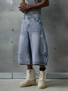 NEON BLANC Quần short denim nam dáng rộng, dài đến đầu gối, có túi. - Màu xanh lam - Xem 3