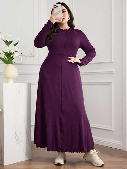 Mulvari Plus Size Women Solid Color Frill Trim Round Neck Long Sleeve Elegant Dress