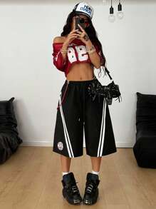 Coolane 女士夏季街头服饰外出运动图案条纹宽松黑色毛衣短裤 - 黑色 - 查看 3