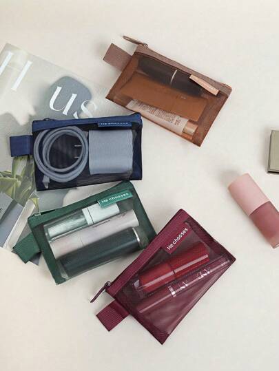 SHEIN Borsa mini per rossetto rosso borgogna - Pochette per trucco in rete quadrata con chiusura lampo, organizer cosmetico da viaggio trasparente per trucchi, er, USB, Ebreo * Piccola borsa portatile per studenti, dormitorio, vacanze, uscite, viaggi estivi _ Accessori per il bagno e la casa, elementi essenziali per la scuola