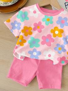 SHEIN Bộ 2 áo thun tay ngắn cổ tròn rộng rãi cho bé gái và quần short bó, họa tiết Dopamine hoa nhiều màu sắc dễ thương, màu hồng kem, thoải mái, dễ chịu, mát mẻ, trang phục thường ngày, quần áo họa tiết trẻ em, trở lại trường - Nhiều màu - Xem 4