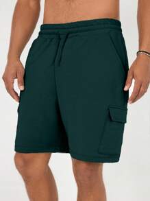 EURMUSE Men's Solid Color Drawstring Waist Cargo Pocket Loose Casual Shorts - Dark Green - View 4