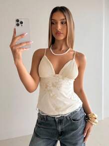 Aloruh Women's Sexy Elegant Deep V-Neck Embroidered Solid Color Ruched Bust Crop Top,Homecoming Tops,Cute Tops Women,Airport For Women,Women Going Out Top,Women Vacation Top, Island Vacation,Women Dating Top,Women Night Out Top - Apricot - View 3