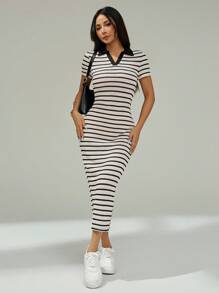 SHEIN PETITE Robe longue à manches courtes avec col polo tricoté à rayures pour femmes