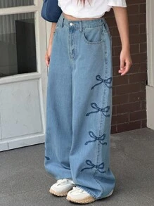 少女宽松阔腿牛仔裤，饰有蝴蝶结刺绣，甜美学生秋季装扮 - 藍色 - 查看 3