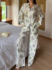 DAZY 猫咪与花卉印花全印花女士睡衣套装，秋冬服装 - 白色 - 查看 4