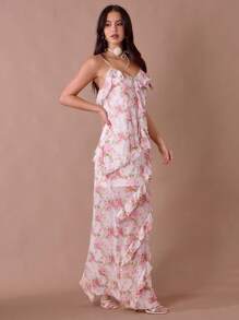 Enchnt Fall/Summer Romantic Women's White&Pastel Pink Rose Print Spaghetti Straps Ruffle Hem Mermaid Maxi Dress - Multicolor - View 6