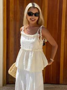 DAZY Débardeur style français décontracté pour femmes avec liens à franges, bord à volants, coupe ample et sans manches pour l'été, tenue de vacances bohème - Nude - Voir 5