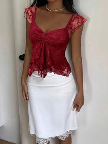 SHEIN EZwear 1pc Women's Burgundy Lace Ruffle Hem Sweet-Heart Collar Puff Sleeve Elegant T-Shirt - Burgundy - View 6