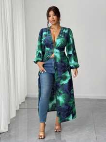 Elenzga Áo khoác dài tay cổ chữ V họa tiết hoa cỡ lớn thường ngày - màu xanh lá - Xem 5