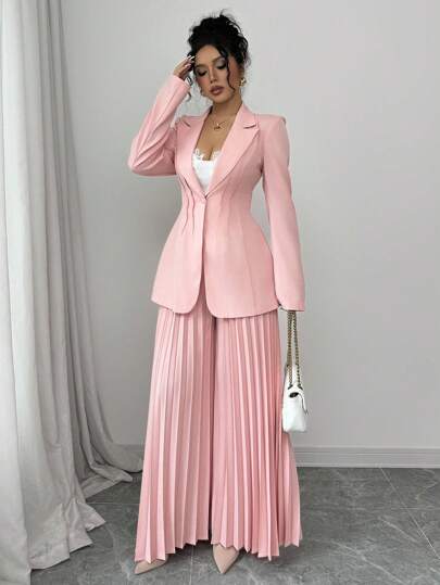 Selianne 女士优雅商务西装外套和阔腿褶皱裤两件套西装，适合通勤，秋季