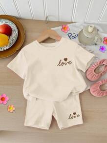 女婴简约休闲可爱心形印花 T 恤和紧身裤两件套服装，适合春夏季，女婴服装 - 彩色 - 查看 2