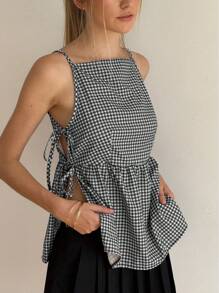 Jouncy 女式休闲格子侧开衩系带吊带背心，夏季 - 黑色 - 查看 3