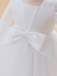 Glamorique Kids Rochie de fetiță cu flori, cu mânecă lungă și decor din satin plasă, cu fundă, din satin, pentru bebeluși, fustă bufantă, tutu, pentru nuntă, ziua de naștere, petrecere, rochie elegantă de înaltă calitate - Bej - Vizualizare 6
