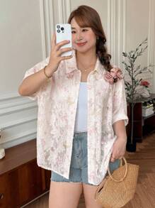 SHEIN LUNE Áo sơ mi ngắn tay mùa hè họa tiết cầu vồng jacquard dành cho nữ cỡ lớn, áo kiểu nữ cỡ lớn chống nắng và thời trang, cổ ve áo hơi trong suốt, áo kiểu đi biển dễ thương, áo kiểu ren. - Nhiều màu - Xem 5