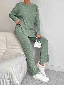 EURMUSE 100%Cotton Drop Shoulder Split Hem Tee & Pants - Mint Green - View 1