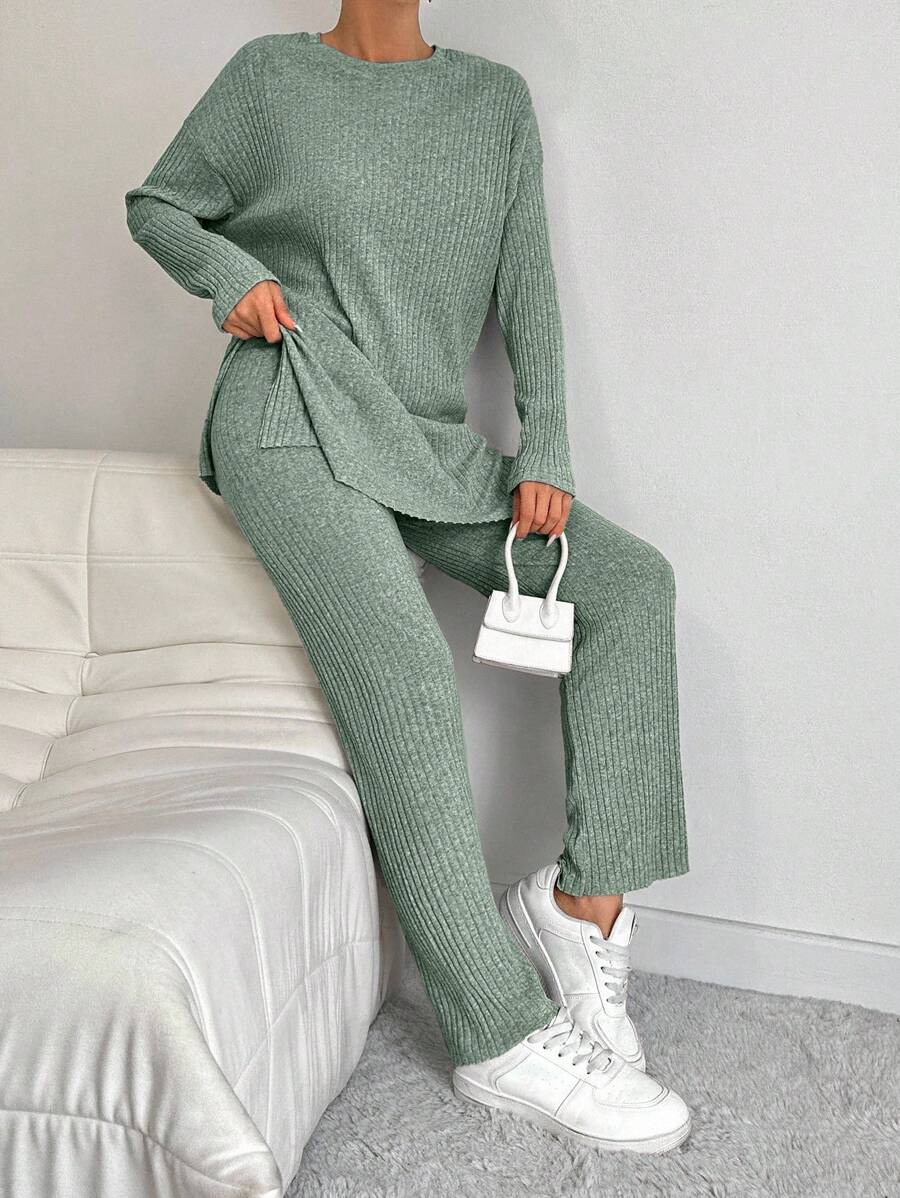 EURMUSE 100%Cotton Drop Shoulder Split Hem Tee & Pants - Mint Green - View 1