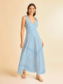CAJUNI 女式蓝白条纹V领系带无袖连衣裙 - 彩色 - 查看 1