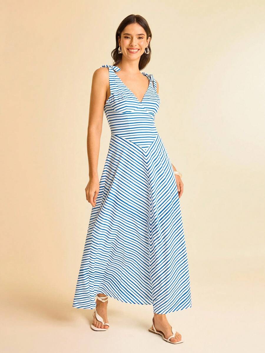 CAJUNI 女式蓝白条纹V领系带无袖连衣裙 - 彩色 - 查看 1