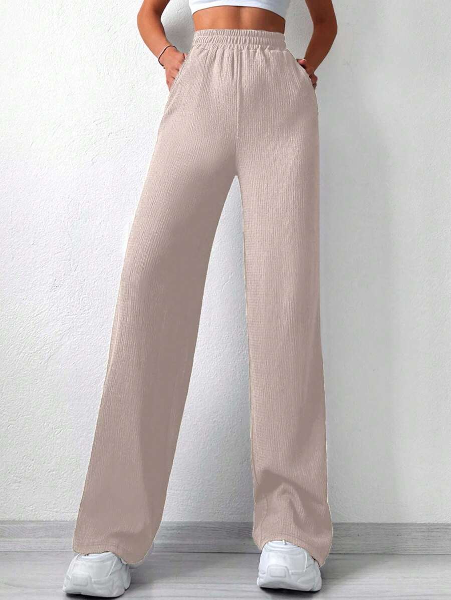 EURMUSE Damen Lässig einfarbige Hose mit elastischem Bund, Seitentaschen und weitem Beinverlauf - Beige - Übersicht 1