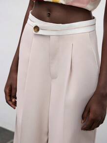 Lumivelle Old Money Style Women Elegant Modern Contrast Color Asymmetrical Waistband Wide Leg Pants Casual Spring For University - Khaki - View 8