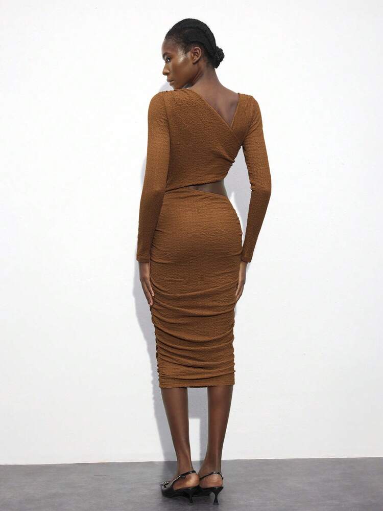 SHEIN Maija Women Brown Asymmetric Ruched Design Versatile Modern Comfortable Split Waist Full Sleeve Dress, All Season Festival