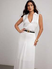 Modelyn 2pcs/Set Relaxed Casual Solid Color Sleeveless Top And Skirt Set - White - View 8