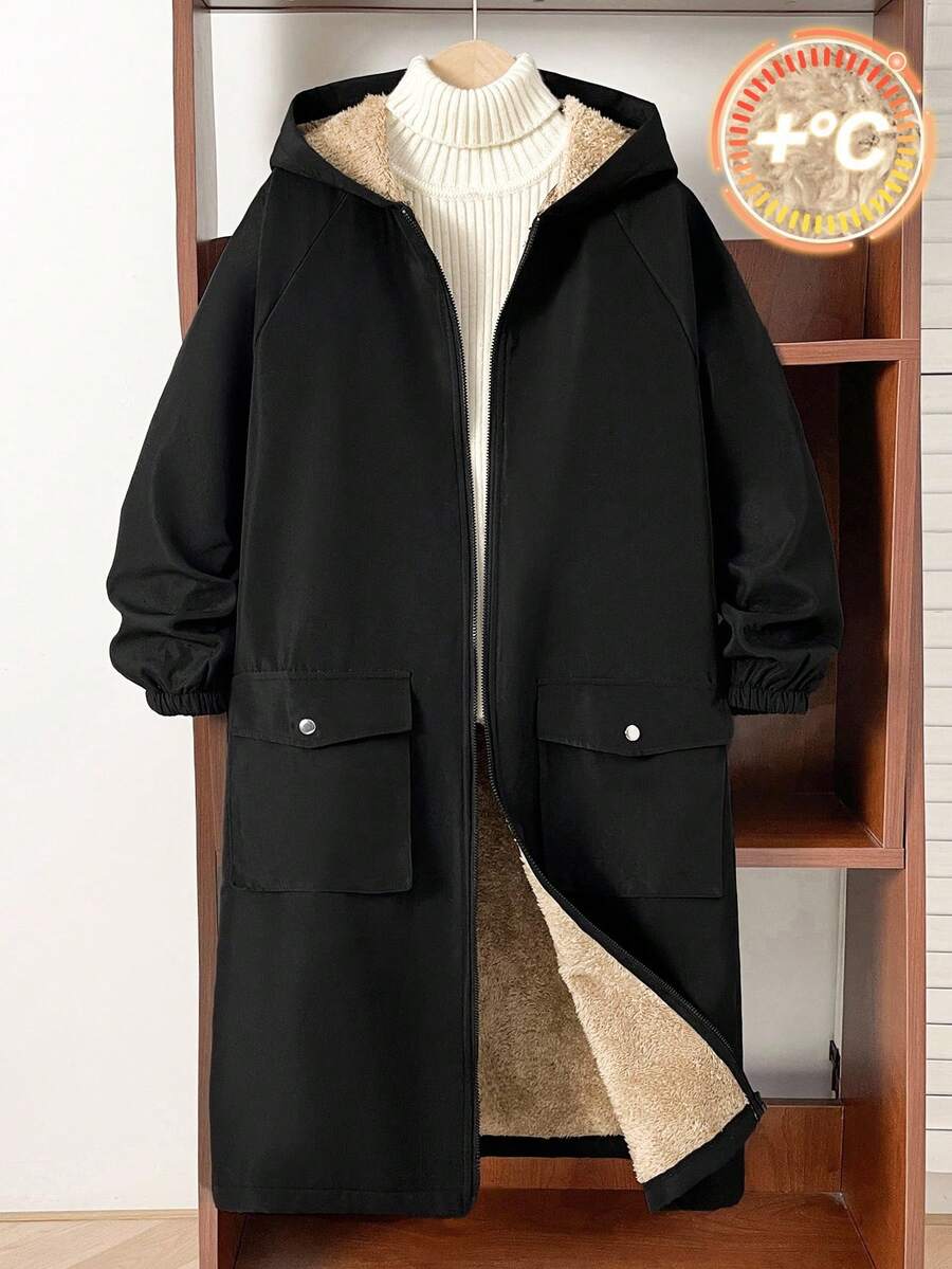 SHEIN 青少年男童休闲毛绒衬里连帽中长款厚梭织夹克，适合上学、花园、海滩、生日、春季、夏季、秋季、冬季 - 黑色 - 查看 1