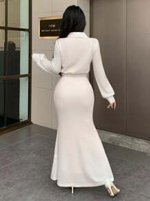 Modelyn 2 件套女式纯色长袖短款上衣和鱼尾下摆半身裙套装 - 米色 - 查看 3