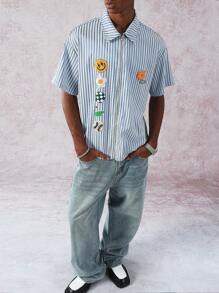 Manfinity Roghcode Men Striped Embroidered Decor Short Sleeve Shirt - Multicolor - View 5