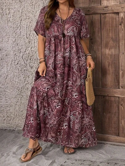 EMERY ROSE Plus Size V-Neck Plant Print Loose Casual Long Dress,Country Casual Vacation Outfits Woman,Simple And Fashionable For Everyday Wear,Summer Tops Women,Summer Outfits For Women,Holiday Outfits For Women
