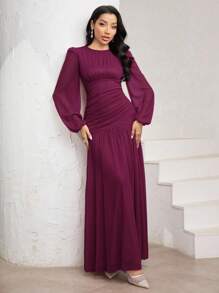 Veilorie Elegant Solid Color Lantern Sleeve Ruched Bodycon Dress - Hot Pink - View 6