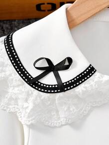 女童蕾丝边蝴蝶结设计长袖衬衫，优雅舒适 - 白色 - 查看 6