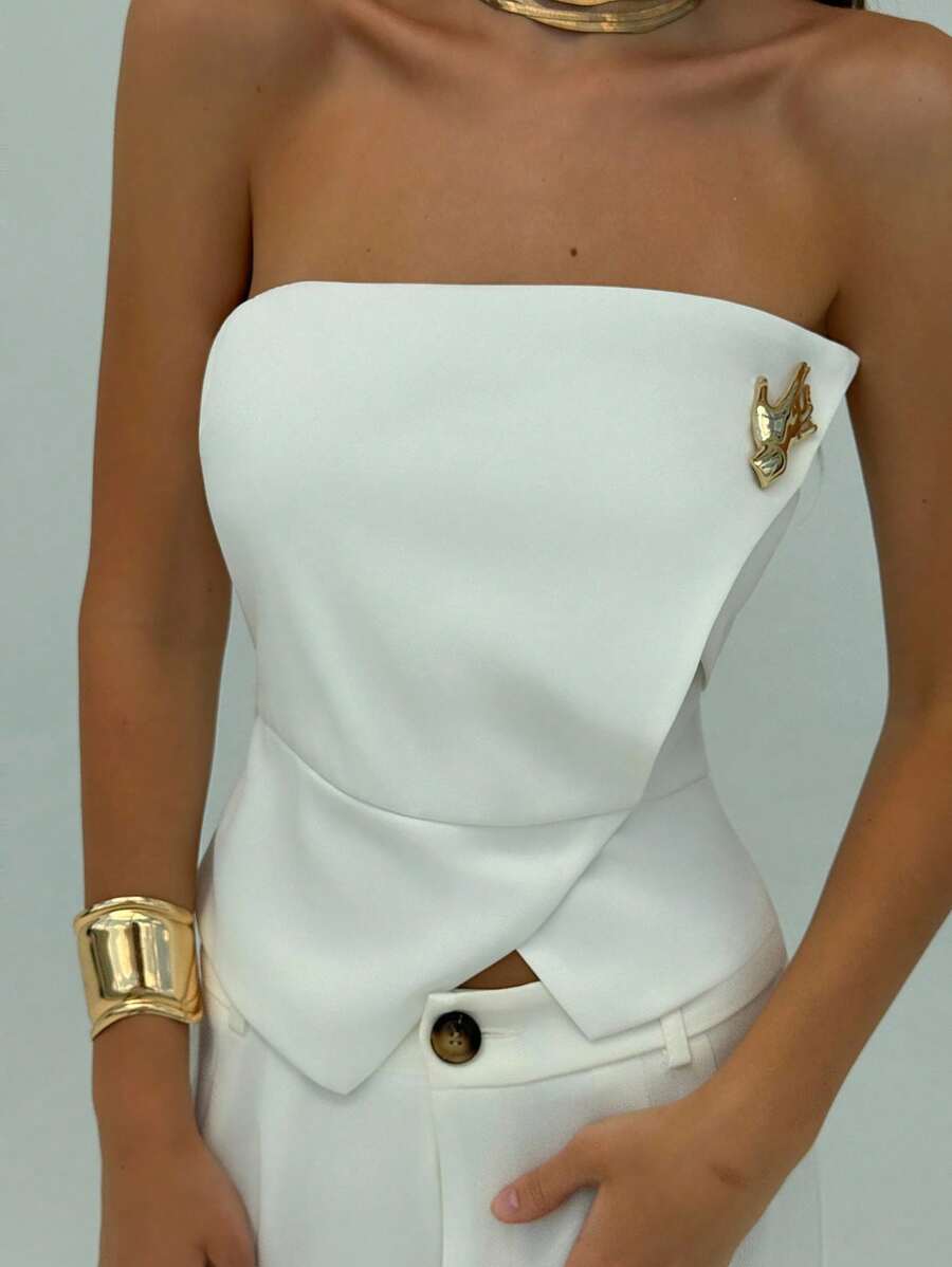 Aloruh Top bandeau con decoración de metal de moda para mujer, para verano, vacaciones en la playa, estilo bohemio tropical, para uso casual y de oficina - Blanco - Ver 1