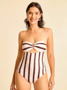 CAJUNI Women's Bandeau Striped Cutout Metal Buckle Decoration Bodysuit